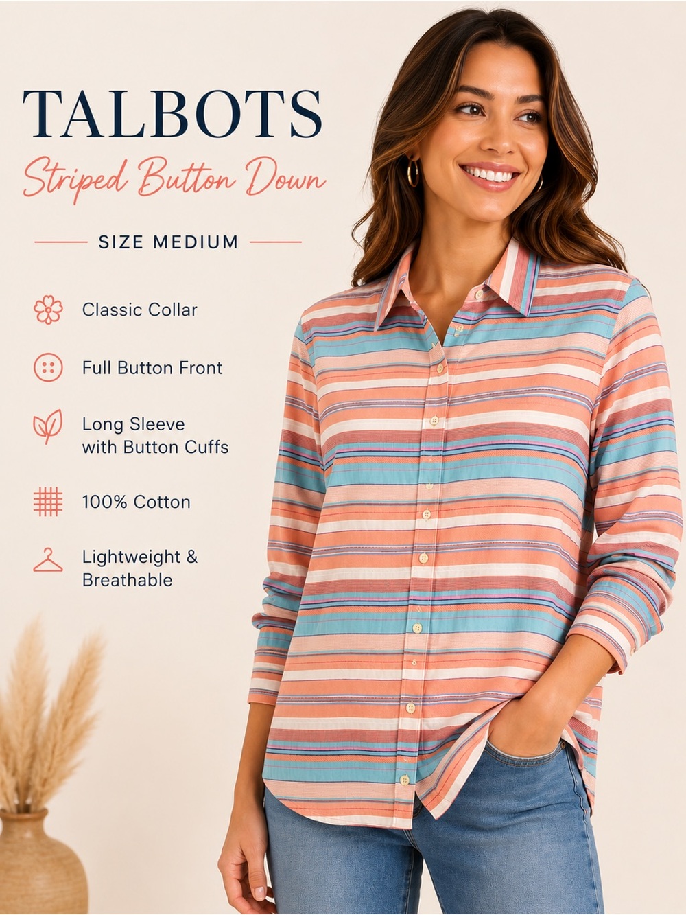 Talbots Coral and Blue Striped Cotton Button-Down Shirt